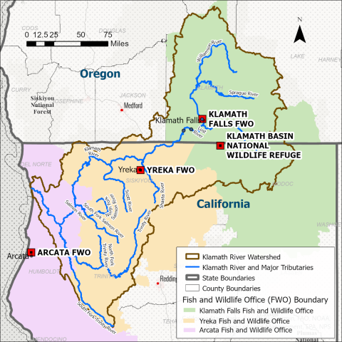 Map showing the location of Klamath Basin Fish and Wildlife Offices in both California and Oregon.