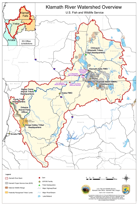 A map of the Klamath River Watershed with Fish and Wildlife Offices identified.