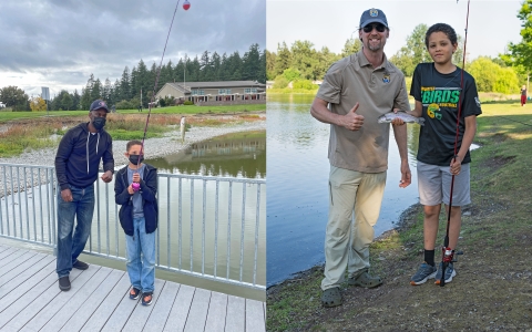 Two images of youth posing with a fish. The left image from 2021 taken on a lake dock with his mentor. The right from 2023 with Service employee with lake in the background.