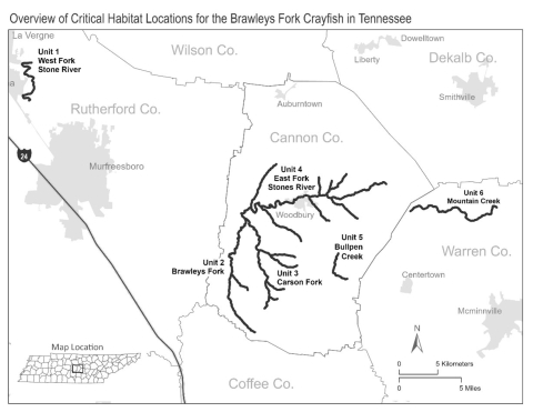 a map depicting the are being proposed form critical habitat designation for the Brawley's Fork crayfish 