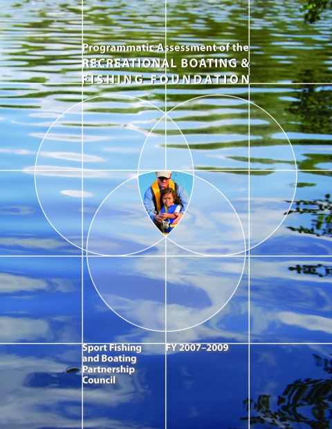 Report cover background shows ripples on the surface of water. In the forefront is an image of an adult and child fishing inside 3 concentric circles.
