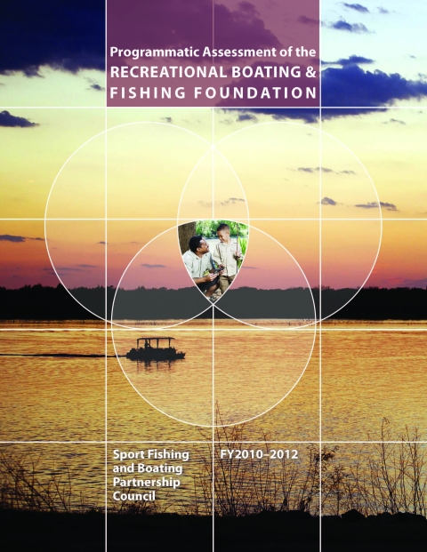 Report cover background shows a boat floating in a large body of water. In the forefront is an image of an adult and a child with fishing poles inside 3 concentric circles.