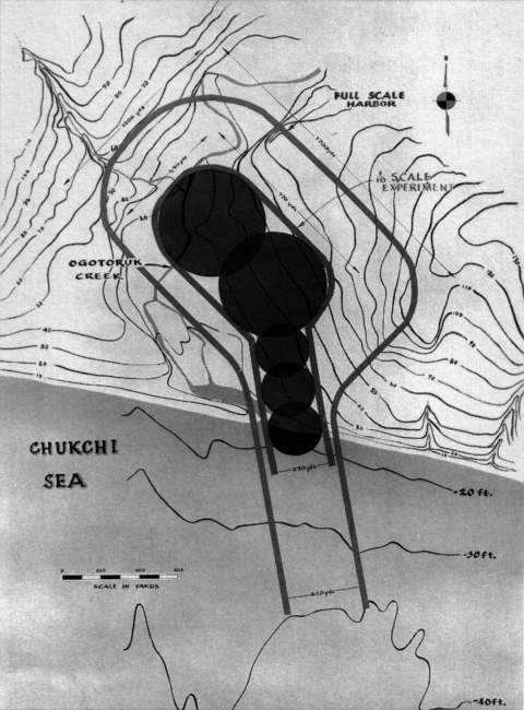 A black and white schematic drawn map of Project Chariot plans on Ogotoruk Creek. 