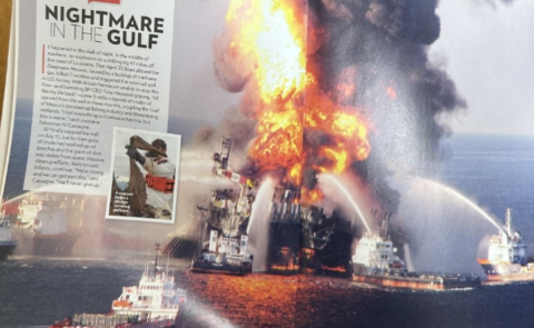 A snapshot of the 2011 People Magazine Yearbook that features an article on the BP Deepwater Horizon Oil Spill of 2010. The article displays a photo of Jeff Phillips holding an injured brown pelican covered in oil.