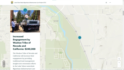 A screen capture of the StoryMap depicting Lake Tahoe Bipartisan Infrastructure Law funding