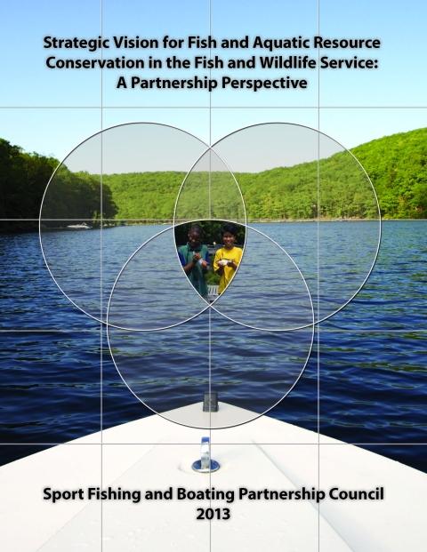 Report cover background shows image of the front tip of a boat on a lake surrounded by trees. In the forefront is an image of two children holding fish inside 3 concentric circles.