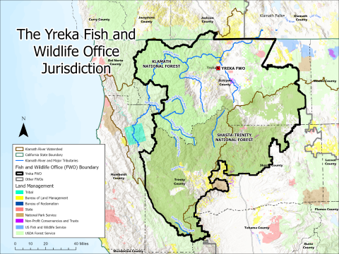 Map outlining a segment of California and Oregon with the Yreka Fish and Wildlife Office identified.