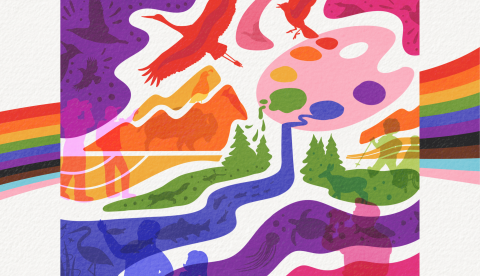 Rainbow colored illustration of a paint palette with the colors bleeding into a surrounding, wildlife filled landscape.