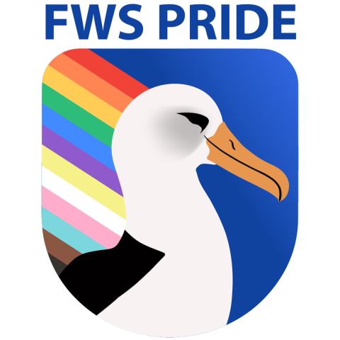 A graphic of an albatross sitting in front of a rainbow. It says FWS PRIDE above the graphic.