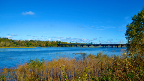 Landscape view of a bridge over a blue lake with surrounding vegetation on a clear day