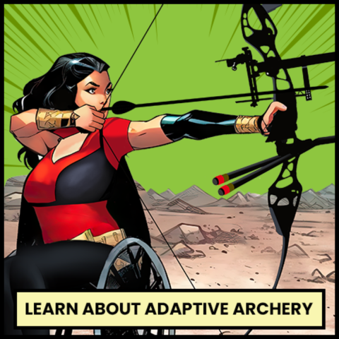 Superhero demonstrates adaptive archery from a wheelchair.