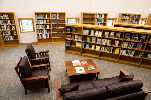 View of seating and bookshelves at the USFWS Library, NCTC