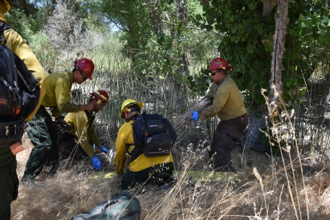 Firefighters in yellow shirts and red helmets kneel on ground and tend to a patient.