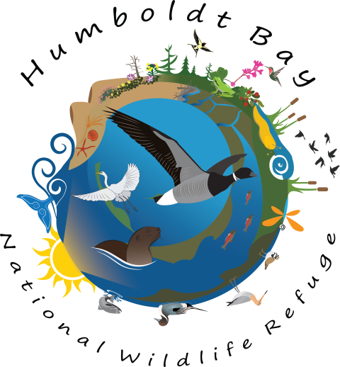 Logo of Humboldt Bay National Wildlife Refuge showing complex landscapes connection between the ocean, dunes, dune forests, saltmarsh, wetlands and the bay, along with iconic and popular species.