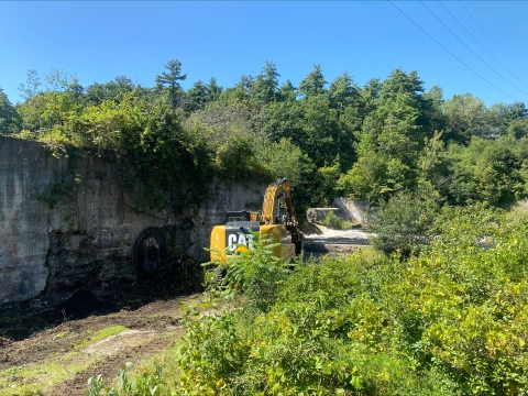 a tractor demolishes a dam surrounded by dense foliage