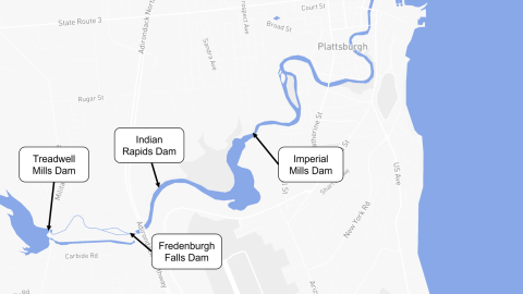 a map displaying four dams located on a meandering river in the state of New York. 