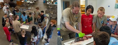 Left Image: Top down view of academy campers surrounding table where Spencer is giving a salmon dissection and anatomy lesson; Right Image: side view of salmon dissection.