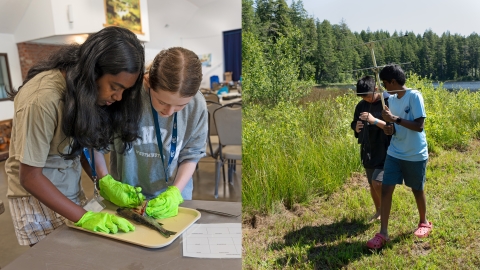 Left: two academy campers dissecting a rainbow trout; Right: two academy campers using radio telemetry equipment outside for a game of hide and seek.