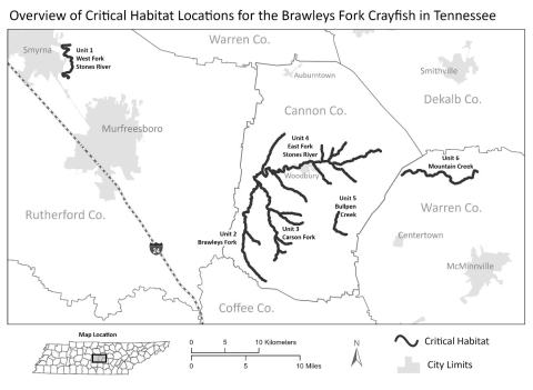 A map of Brawleys fork crayfish proposed critical habitat