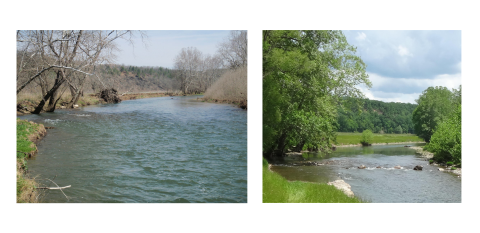 Two photos of the same river, one in fall that shows bank erosion and the other in summer after banks have been restored