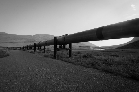 A black and white photo of a section of the Trans-Alaska Oil Pipeline in the foreground -- underneath it, permafrost tundra stretches across vast hills. In the background, peaks of the Brooks Range, within the Arctic National Wildlife Refuge, extend into a white sky.