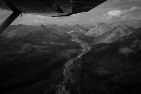 A black and white photo, taken from a bush plane -- the plane's wing extends across the top left of the photo. A braided river extends from the foreground into the background, splitting the tall peaks of Brooks Range mountains.