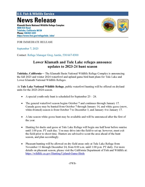 Tule lake News Release