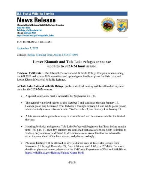 Tule Lake Press Release