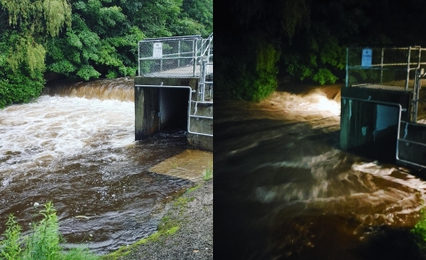 Comparison photos of the same location at a brook with a cement structure along one bank. In the first, daytime image the water reaches about 12 inches below the first rung on the cement structure's ladder. In the second, nighttime image the water reaches about 6 inches below the first rung on the cement structure's ladder.