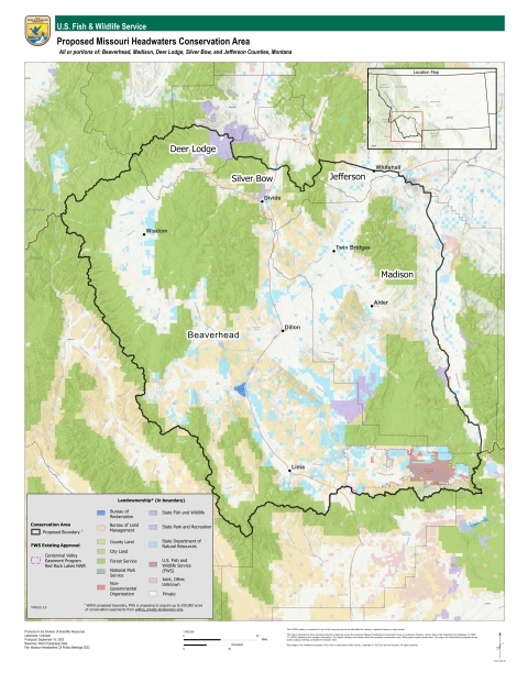 A map showing the proposed Conservation Area boundary in southwest Montana. The proposed project area includes all of Beaverhead County and the portion of Madison County west of highway 287. It also includes small portions of southern Deer Lodge, Silver Bow and Jefferson counties roughly following an east to west line from Whitehall, Montana, then west on Interstate 90 to the Continental Divide and continuing to the Idaho and Montana border