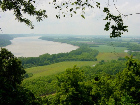A high vantage point view of a stretch of the Middle Mississippi River.