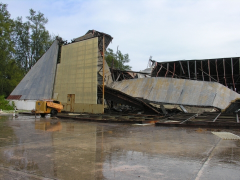 Wreckage of a large airport structure after collapsing