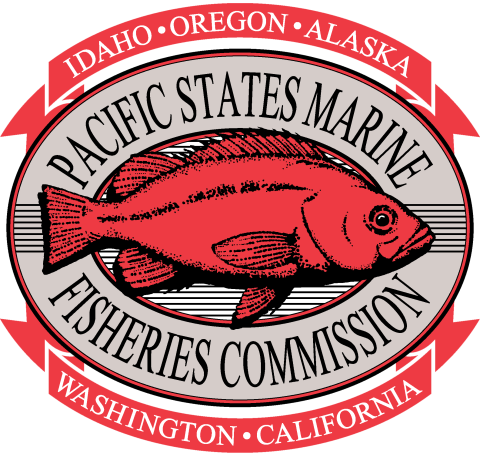 Logo for Pacific States Marine fisheries Commision. Red-colored rockfish surrounded by the company name and the states in which they operate: Idaho, Oregon, Alaska, Washington, and California.