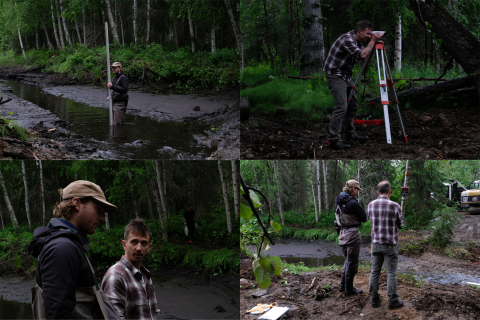 Four photos of Tim Ericson and Luke Byker measuring the slope of a streambank