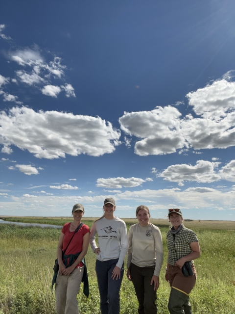 four people standing in a prairie 
