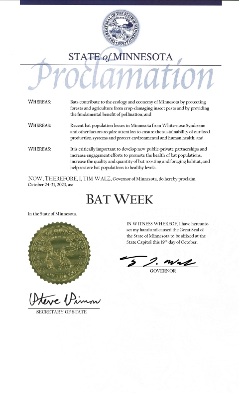 State of Minnesota Proclamation designating October 24-31, 2023 as BAT WEEK. 