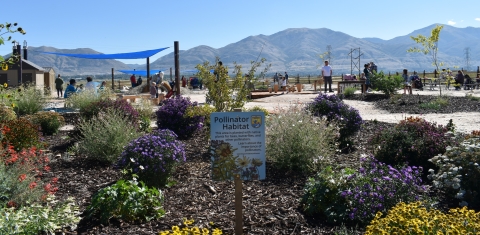 Pollinator habitat garden is part of the new additions to the Refuge. Pollinator habitat sign in the garden with a mountain background