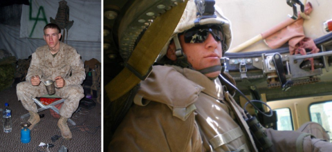 A two-photo collage. On the left, a young man wearing tan fatigues sits on a cot and eats out of a metal mug with a spoon. On the right, a man looks at the camera while sitting inside of a military vehicle wearing a helmet and sunglasses.
