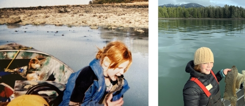 two photos of a woman at different ages eating eggs off seaweed in a coastal environment