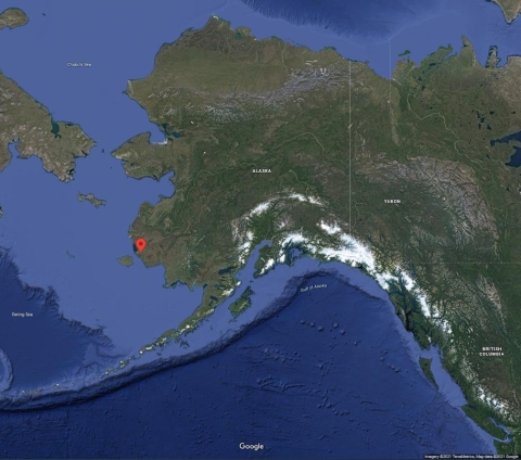 Nelson Island marked on a satellite image map showing mainland Alaska. Nelson Island located on the southwest coast of mainland Alaska. 