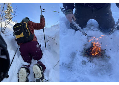 Two photos -- Left: Susan Glade on her knees in feet of snow, reaching with a sharp object to measure snow and ice depth on a frozen Cripple Creek. Right: A small fire in a patch of snow and ice, heating up a metal drill bit, used to reach through ice and measure water depth.