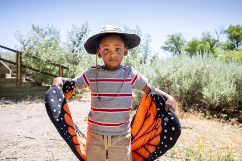 A boy in a teeshirt and wide-rimmed hat tries on a large replica of butterfly wings.