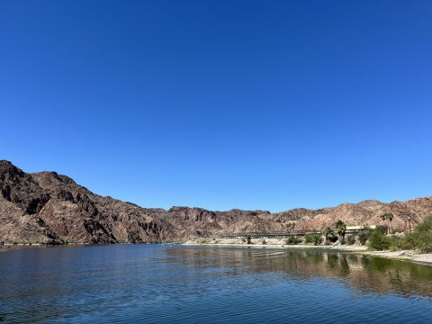 View of the Colorado River and the Willow Beach National Fish Hatchery from the east bank of the river.