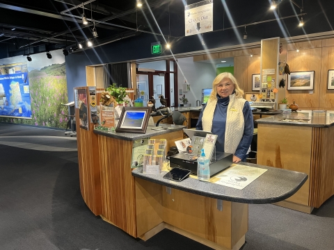 a woman stands behind a cash register