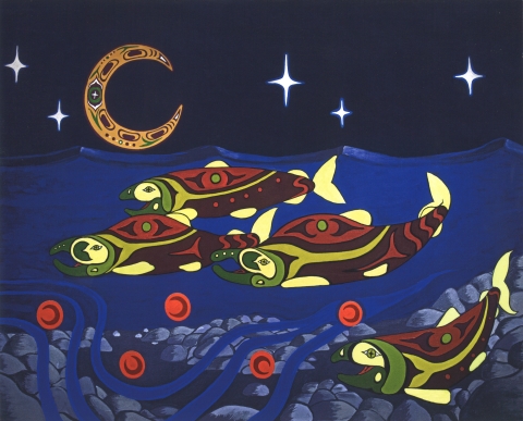 Bethany Fackrell's artistic rendition of four kokanee salmon spawning in a river under a crescent moon and starlit night