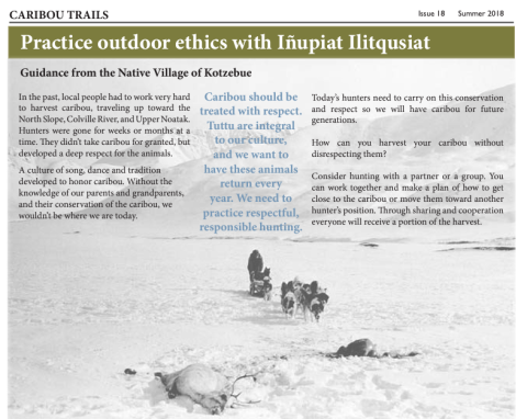A screenshot of an outdoor hunting ethics guide from the Native Village of Kotzebue, taken from the Western Arctic Caribou Herd Working Group's Summer 2018 edition of "Caribou Trails." 