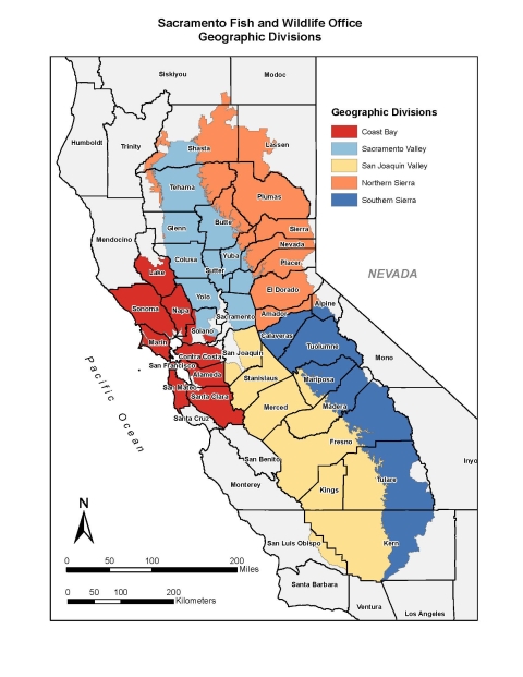 a map showing the state of California and the 5 geographically-oriented areas where the Sacramento Fish and Wildlife Office operates. 