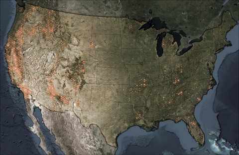 Map of the US with orange dots where wildfires have occurred.