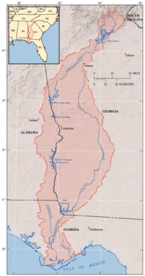A map of the Apalachicola-Chattahoochee-Flint river basin.