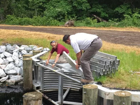 Refuge staff drop steel beams into a vertical culvert to build a wall within a water-filled ditch. 